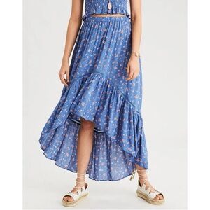 American Eagle Womens Midi Skirt Size M Floral Blue Hi Low